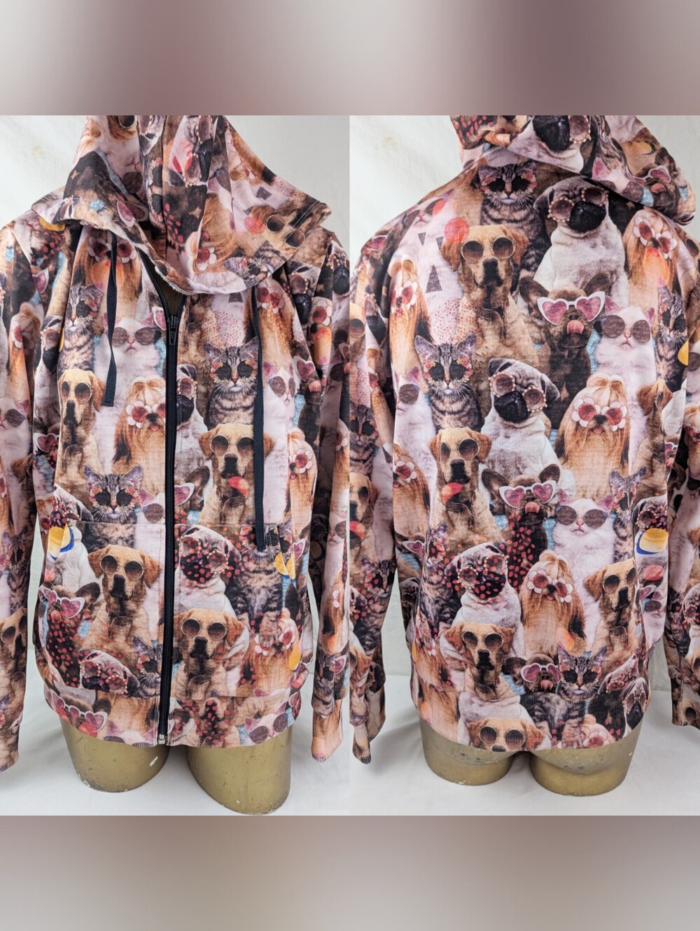 Pierim Feito Brasil Novelty Cat & Dog Print Zip Hoodie - Multicolor Unisex Large